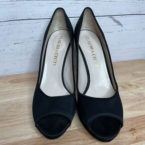 CLAUDIA CIUTI Black Satin Pumps Open Toe Heels Size 9,5 M Italy Perfect - Picture 8 of 12